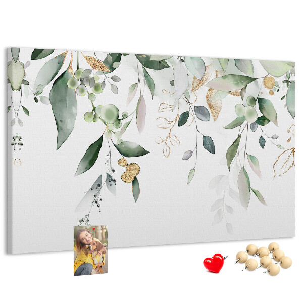 Tablero de corcho decorado hojas delicadas en tonos verdes