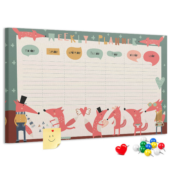 Tablero de corcho decorado con diseño de animales retro y agenda semanal