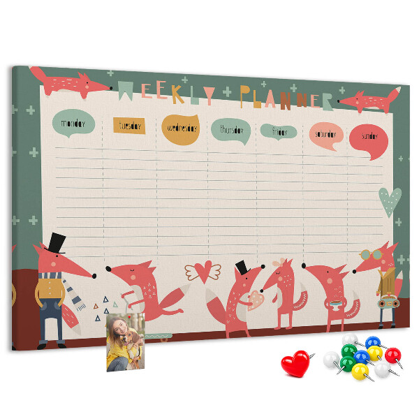 Tablero de corcho decorado con diseño de animales retro y agenda semanal
