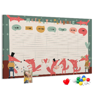Tablero de corcho decorado con diseño de animales retro y agenda semanal