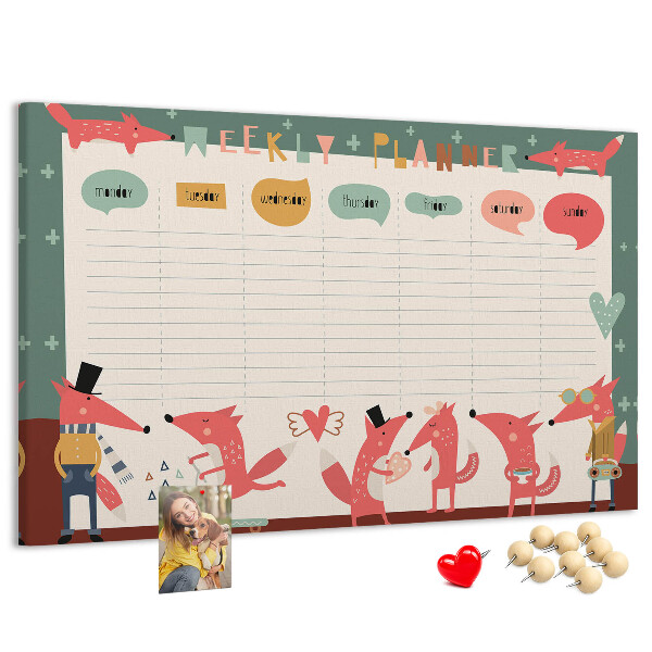 Tablero de corcho decorado con diseño de animales retro y agenda semanal