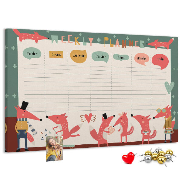 Tablero de corcho decorado con diseño de animales retro y agenda semanal