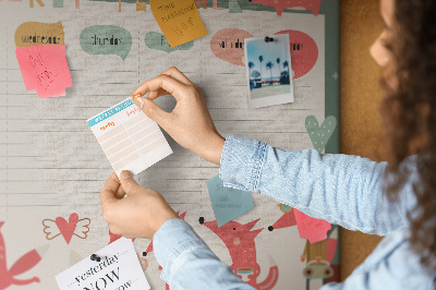 Tablero de corcho decorado con diseño de animales retro y agenda semanal