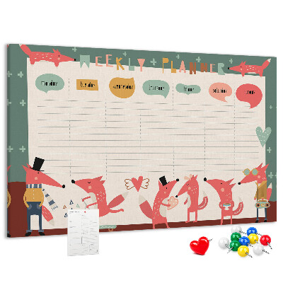 Tablero de corcho decorado con diseño de animales retro y agenda semanal