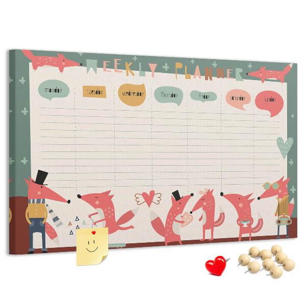 Tablero de corcho decorado con diseño de animales retro y agenda semanal