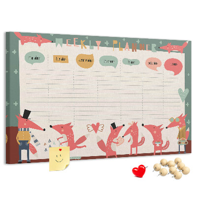 Tablero de corcho decorado con diseño de animales retro y agenda semanal