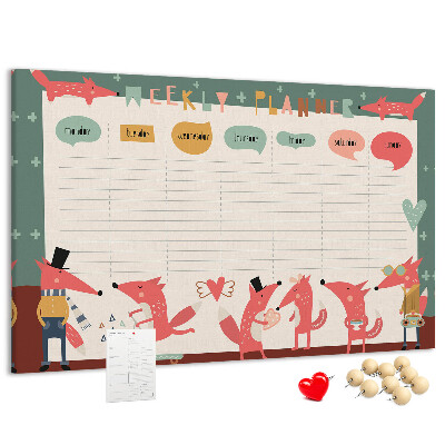 Tablero de corcho decorado con diseño de animales retro y agenda semanal
