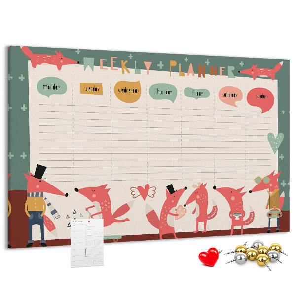 Tablero de corcho decorado con diseño de animales retro y agenda semanal