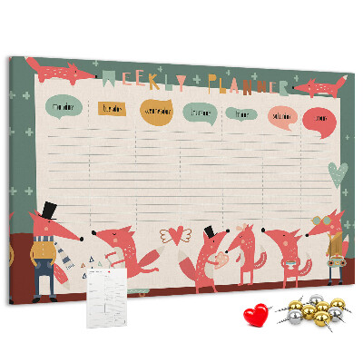 Tablero de corcho decorado con diseño de animales retro y agenda semanal