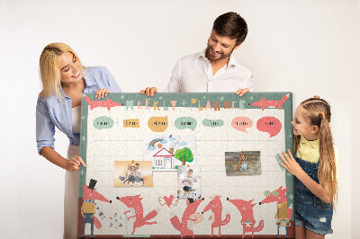 Tablero de corcho decorado con diseño de animales retro y agenda semanal