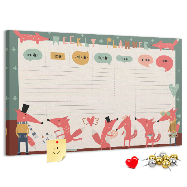 Tablero de corcho decorado con diseño de animales retro y agenda semanal