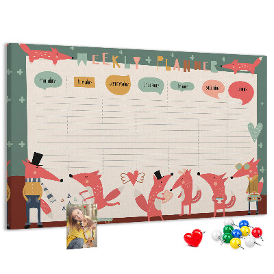 Tablero de corcho decorado con diseño de animales retro y agenda semanal