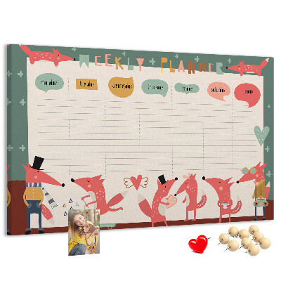 Tablero de corcho decorado con diseño de animales retro y agenda semanal