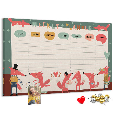 Tablero de corcho decorado con diseño de animales retro y agenda semanal
