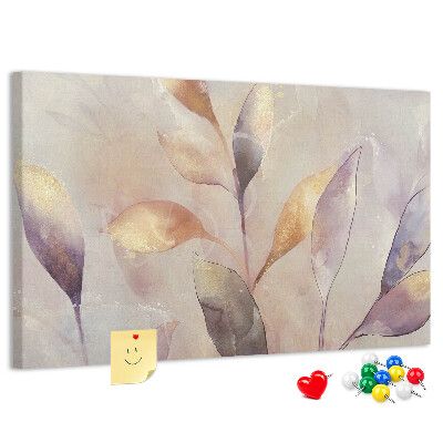 Pizarra de corcho con diseño de hojas delicadas en tonos pastel