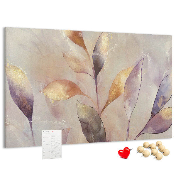 Pizarra de corcho con diseño de hojas delicadas en tonos pastel