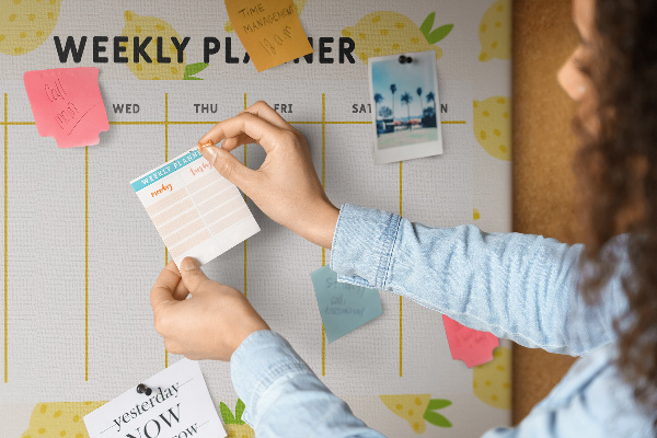 Tablero de anuncios calendario semanal con diseño de limones
