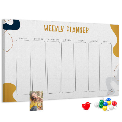 Tablero de corcho decorado planificador semanal con diseño abstracto y colorido