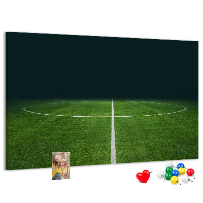 Tablero de anuncios con diseño de campo de fútbol con líneas y césped