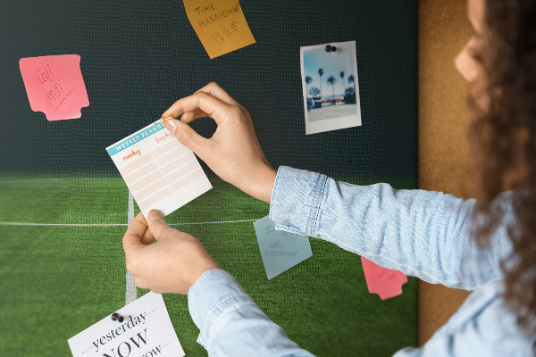 Tablero de anuncios con diseño de campo de fútbol con líneas y césped