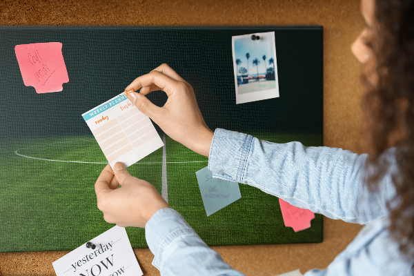 Tablero de anuncios con diseño de campo de fútbol con líneas y césped