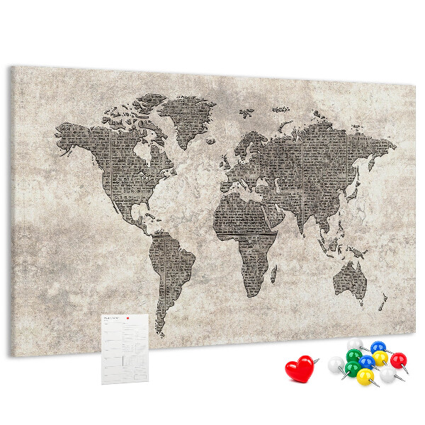 Pizarra de corcho mapamundi con textura de periódico