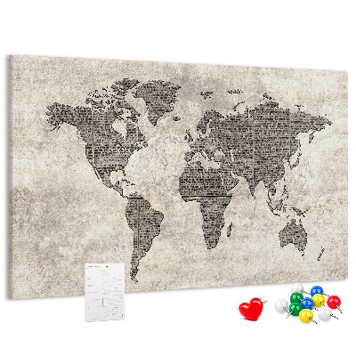 Pizarra de corcho mapamundi con textura de periódico