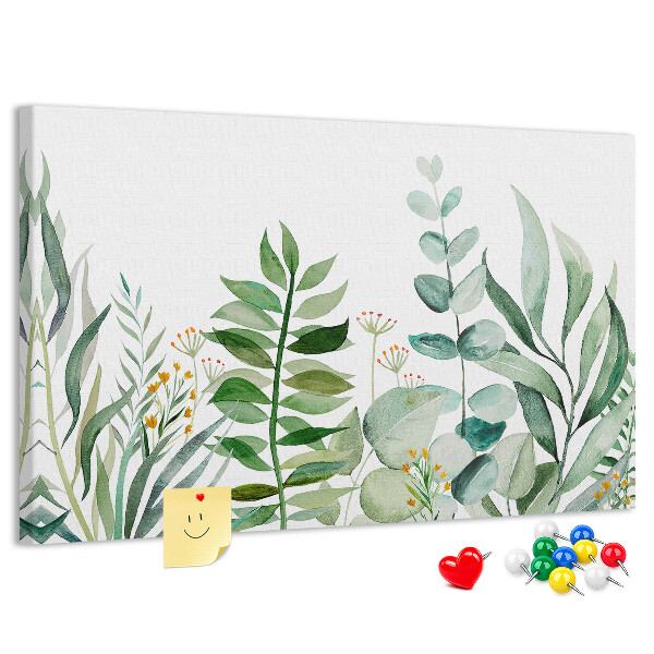 Tablero de corcho decorativo con diseño de hojas tropicales en tonos delicados