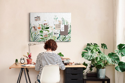 Tablero de corcho decorativo con diseño de hojas tropicales en tonos delicados