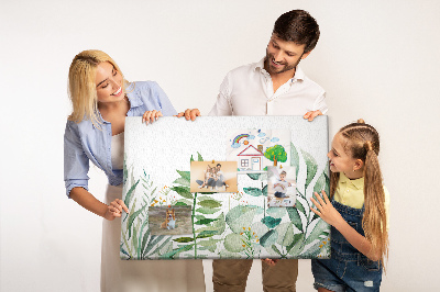 Tablero de corcho decorativo con diseño de hojas tropicales en tonos delicados
