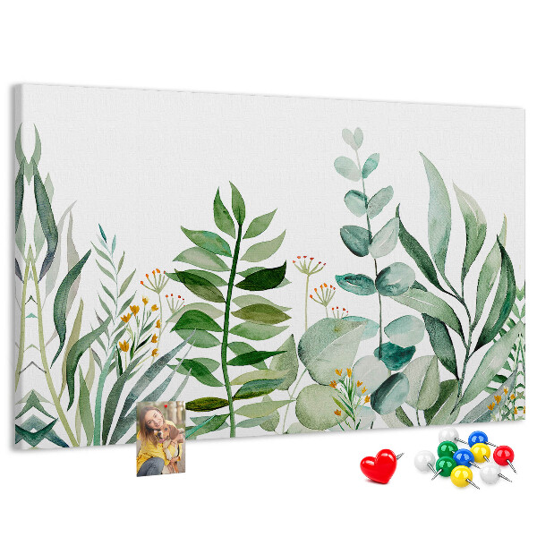 Tablero de corcho decorativo con diseño de hojas tropicales en tonos delicados