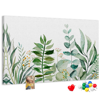 Tablero de corcho decorativo con diseño de hojas tropicales en tonos delicados