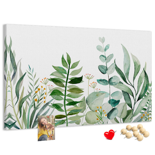 Tablero de corcho decorativo con diseño de hojas tropicales en tonos delicados