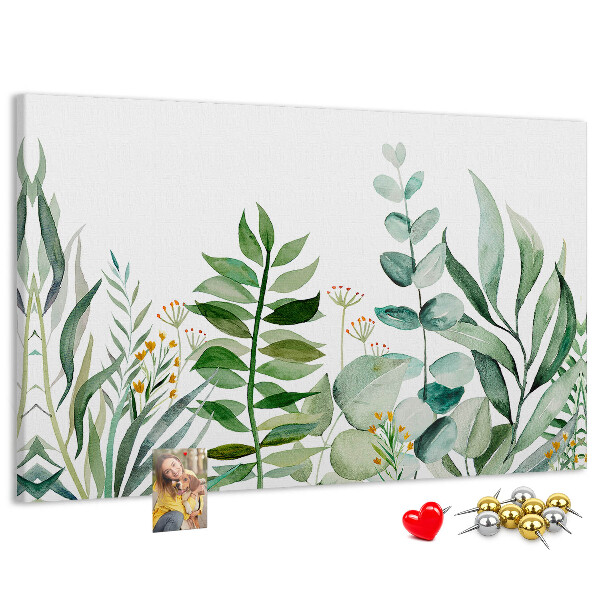 Tablero de corcho decorativo con diseño de hojas tropicales en tonos delicados