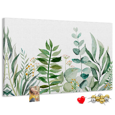 Tablero de corcho decorativo con diseño de hojas tropicales en tonos delicados