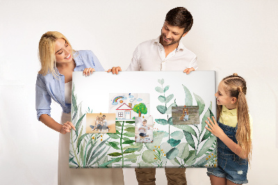 Tablero de corcho decorativo con diseño de hojas tropicales en tonos delicados