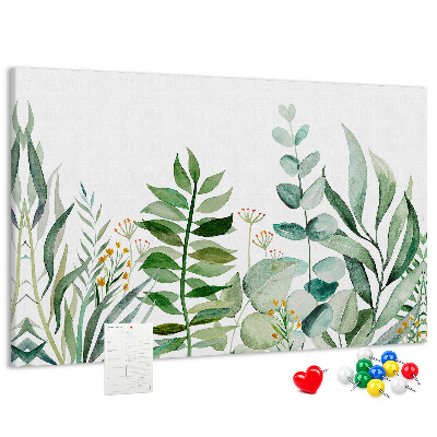 Tablero de corcho decorativo con diseño de hojas tropicales en tonos delicados