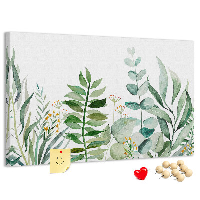 Tablero de corcho decorativo con diseño de hojas tropicales en tonos delicados