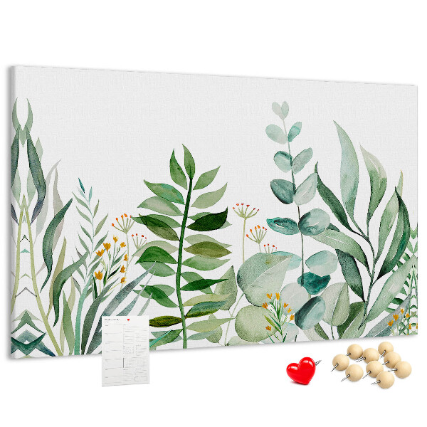 Tablero de corcho decorativo con diseño de hojas tropicales en tonos delicados
