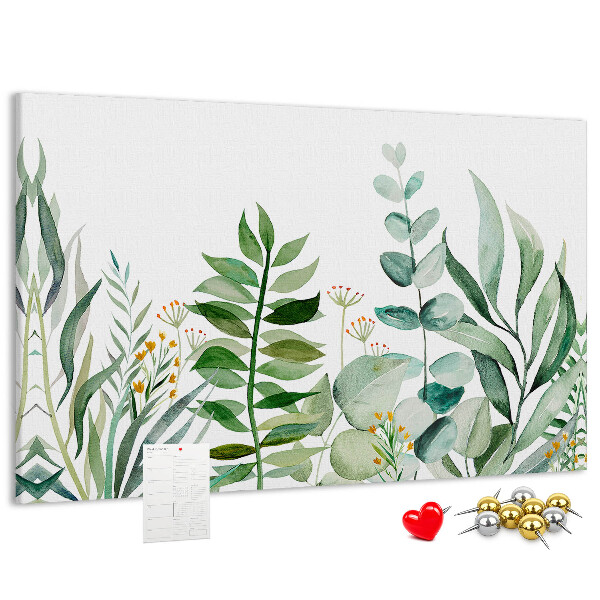 Tablero de corcho decorativo con diseño de hojas tropicales en tonos delicados