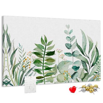 Tablero de corcho decorativo con diseño de hojas tropicales en tonos delicados