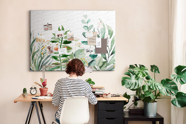 Tablero de corcho decorativo con diseño de hojas tropicales en tonos delicados