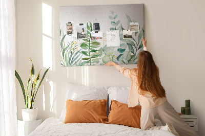 Tablero de corcho decorativo con diseño de hojas tropicales en tonos delicados