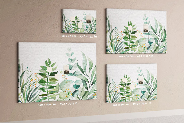 Tablero de corcho decorativo con diseño de hojas tropicales en tonos delicados