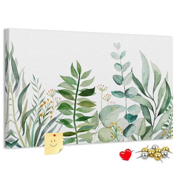 Tablero de corcho decorativo con diseño de hojas tropicales en tonos delicados