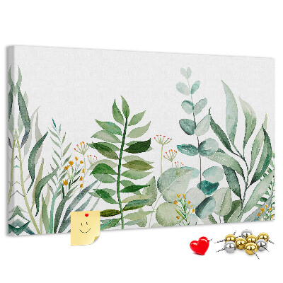 Tablero de corcho decorativo con diseño de hojas tropicales en tonos delicados