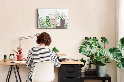 Tablero de corcho decorativo con diseño de hojas tropicales en tonos delicados