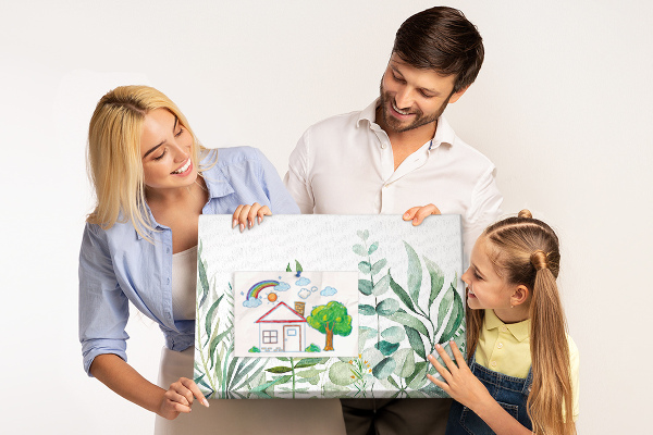 Tablero de corcho decorativo con diseño de hojas tropicales en tonos delicados
