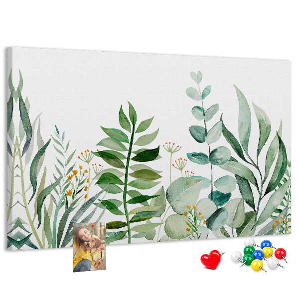 Tablero de corcho decorativo con diseño de hojas tropicales en tonos delicados