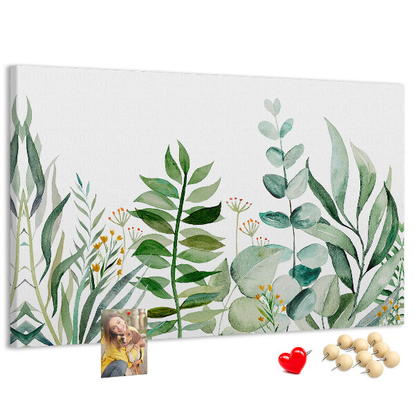Tablero de corcho decorativo con diseño de hojas tropicales en tonos delicados